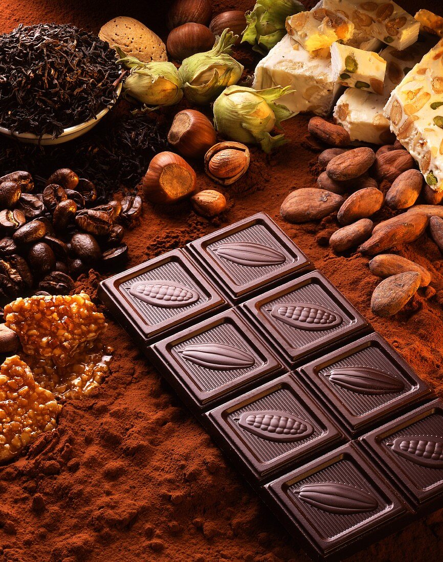 Stillleben mit Kakao, Schokolade, Krokant, Nougat und Nüssen