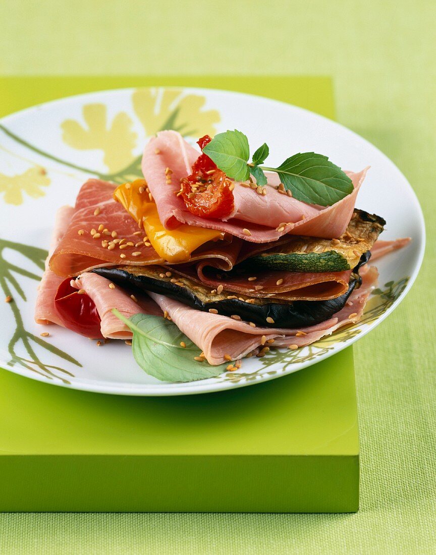 Ham and grilled vegetable layer