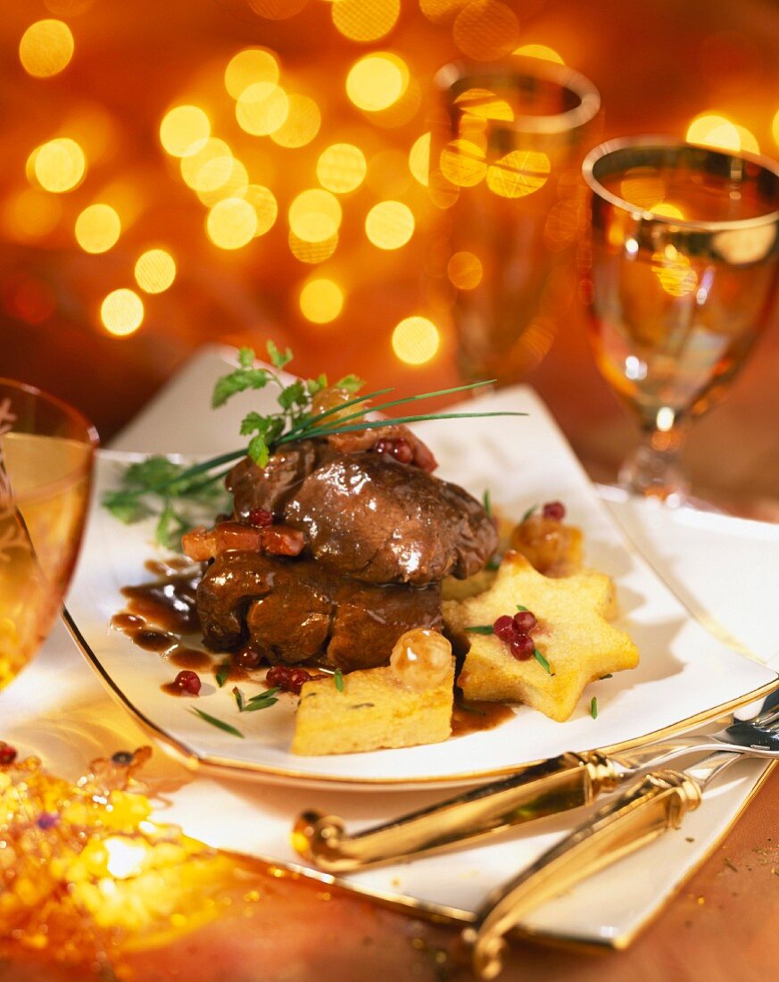 jugged boar with cranberry sauce and polenta