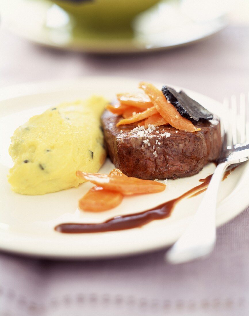 Ostrich steak with truffled mashed potatoes