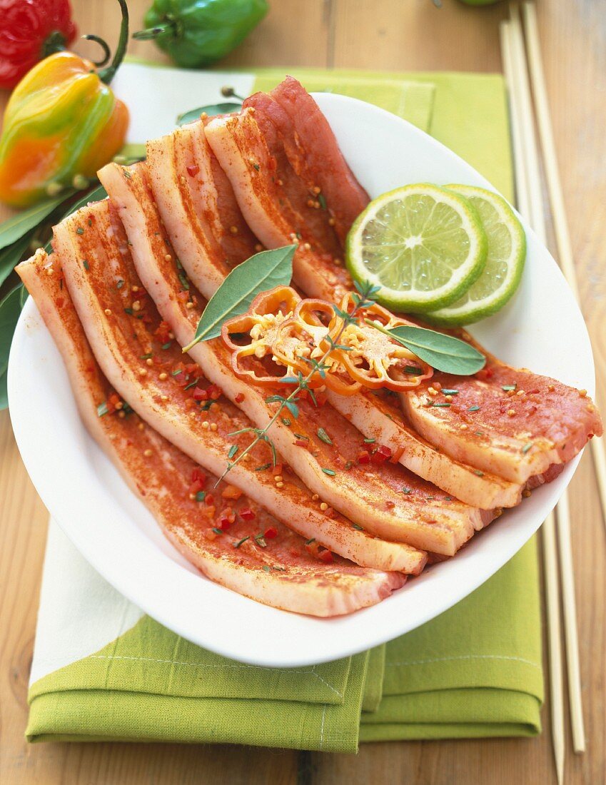 Thick slices of bacon with spices