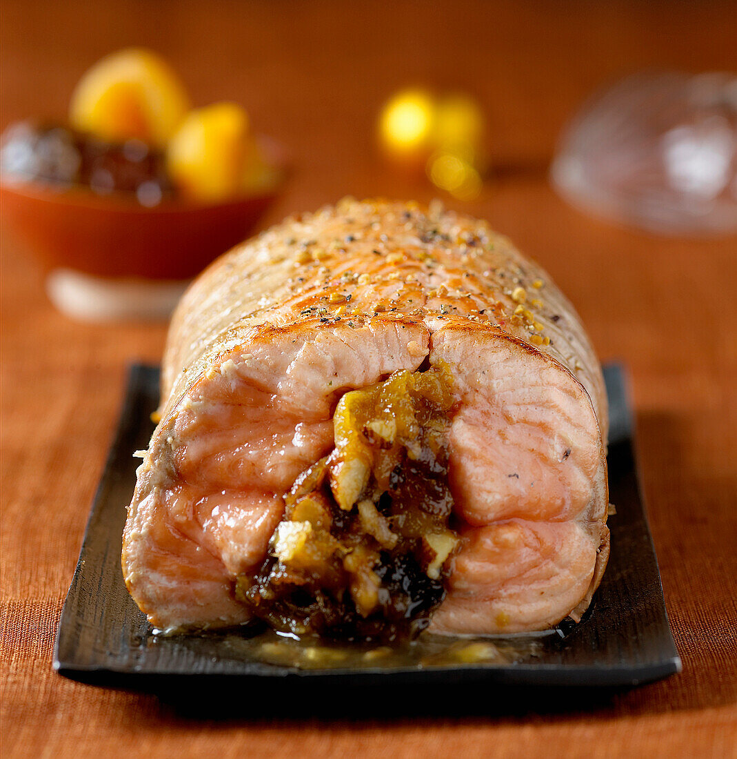 roast salmon stuffed with prunes and apricots