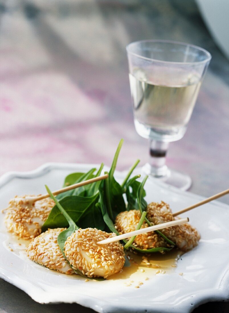 Abbaye de Citeaux cheese with sesame seed brochettes