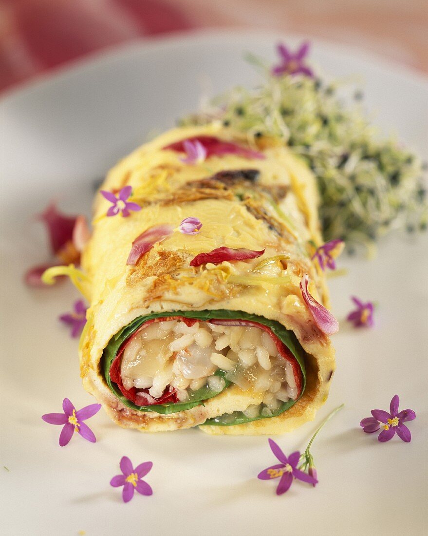Omelet with nasturtiums, hibiscus and spinach