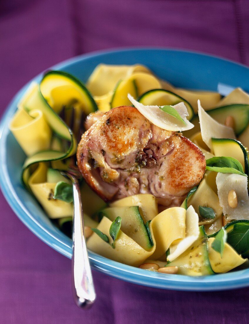 Rabbit with courgettes and tagliatelle