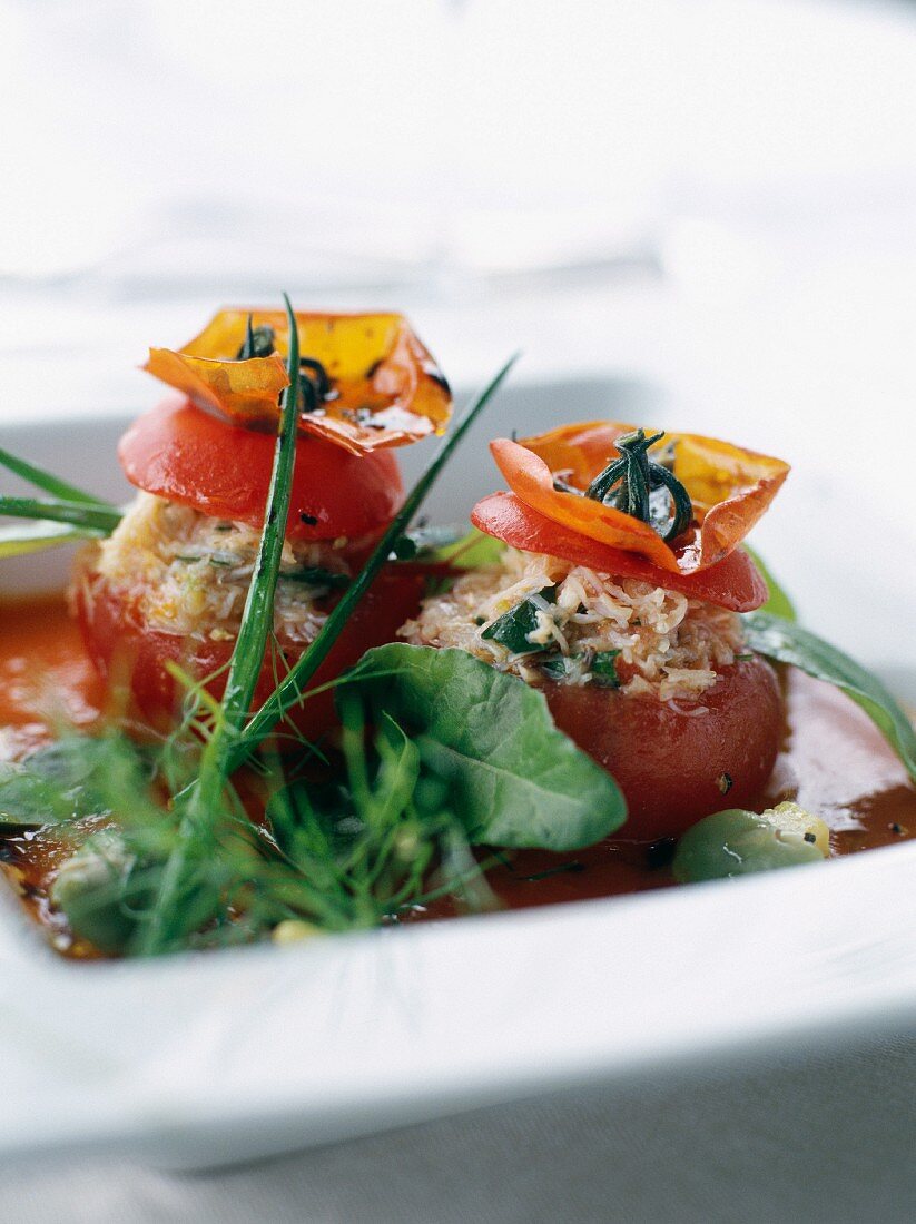 Tomato stuffed with flaked crab