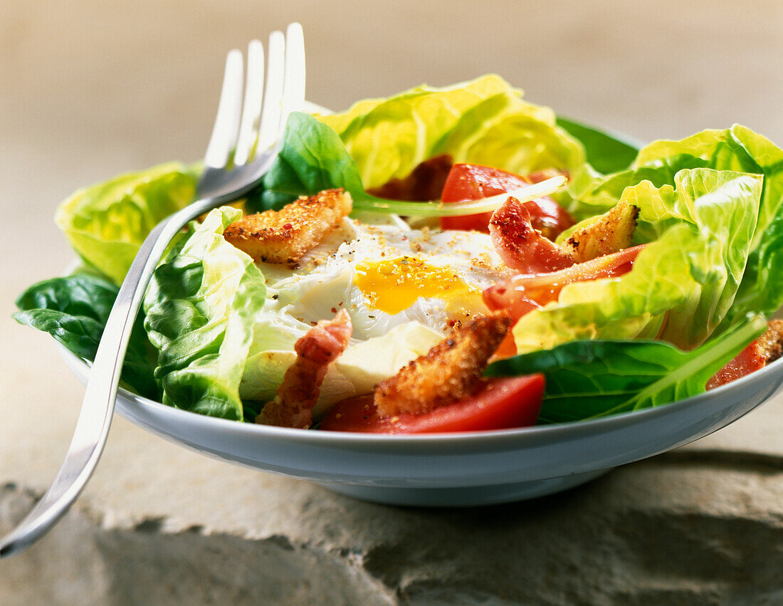 simple salad with lettuce, tomato and fried egg