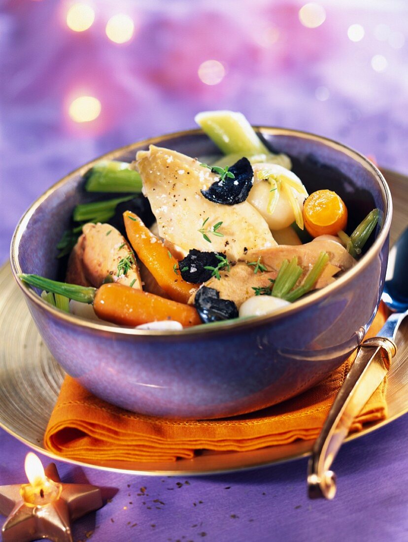 Christmas foie gras and vegetable stew