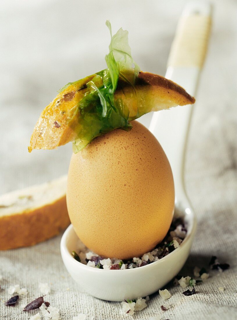 Soft-boiled egg with seaweed tartare and gingerbread
