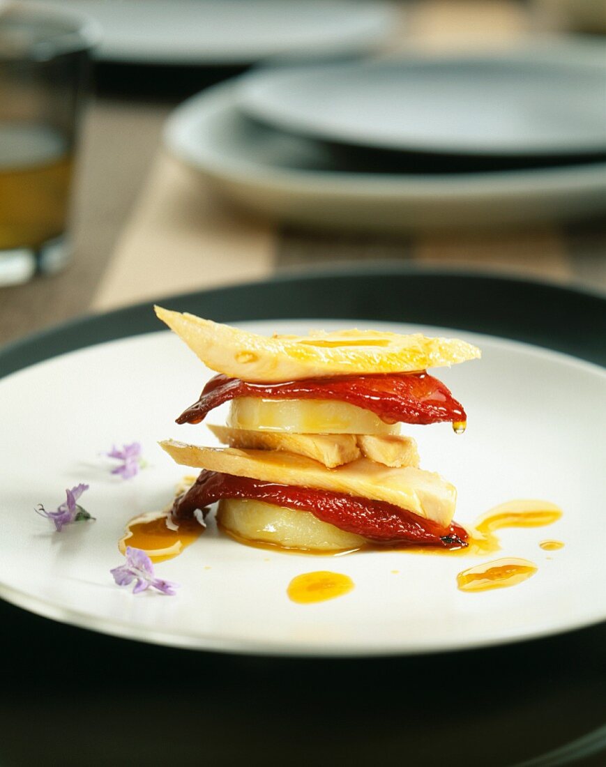 potato mille-feuille, candied peppers and tuna fillets