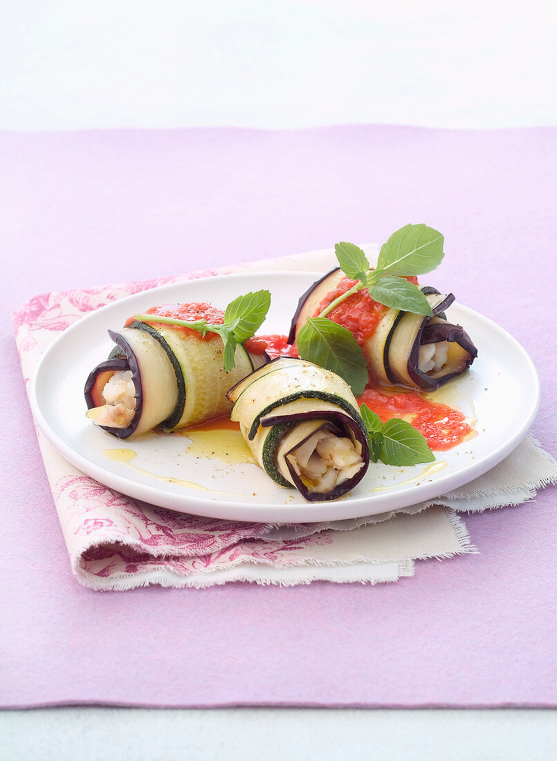 rolled eggplants and courgettes with scorpion fish
