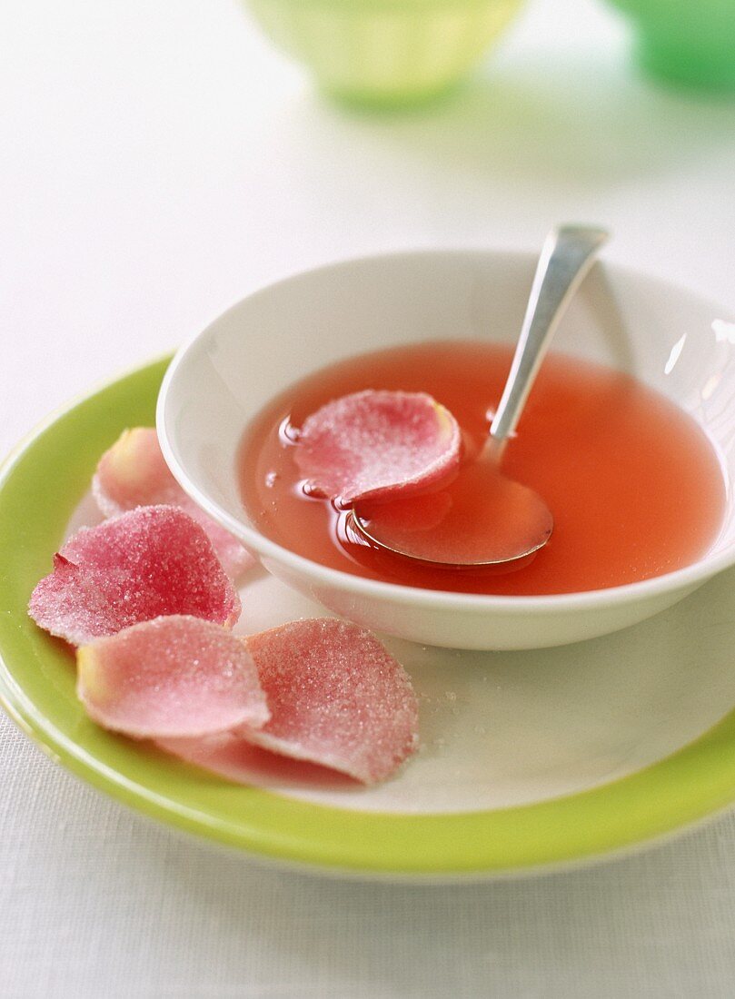 Rhubarb consommé with crystallized rose petals