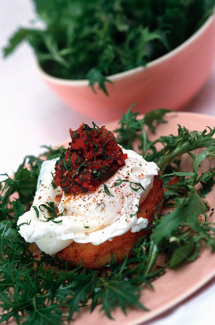Toasted brioche slice with a poached egg on a herb salad