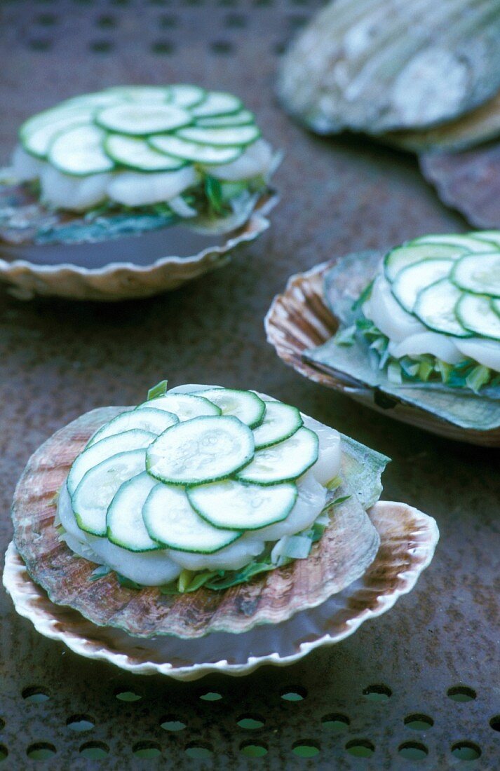 Millefeuilles with scallops and cucumbers served in shells