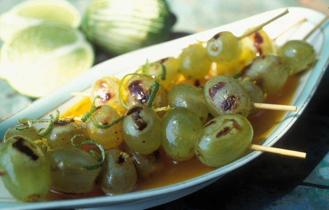 Grilled grape skewers with lemon zest