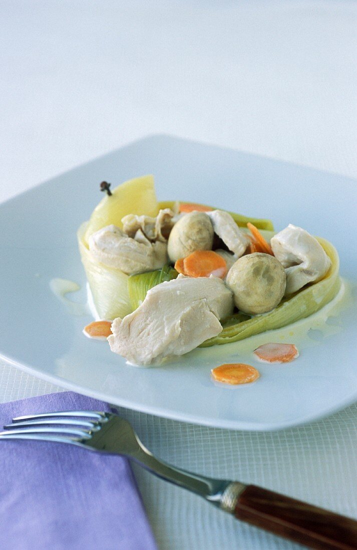 Light chicken ragout with leek, carrot, mushrooms and onion