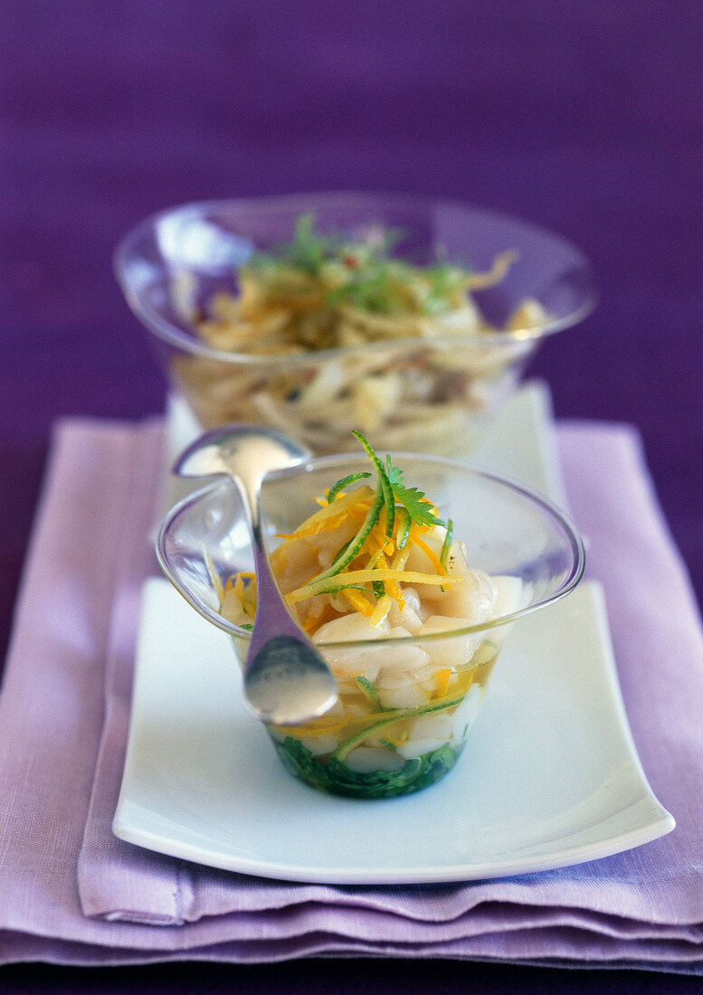 Scallop tartare with fennel fondue and citrus fruit dressing