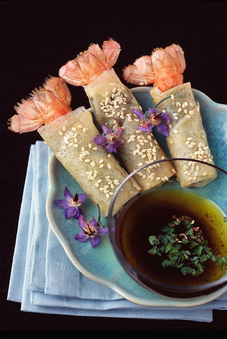 Langoustines wrapped in filo-pastry,sesame seeds and sweet soya sauce