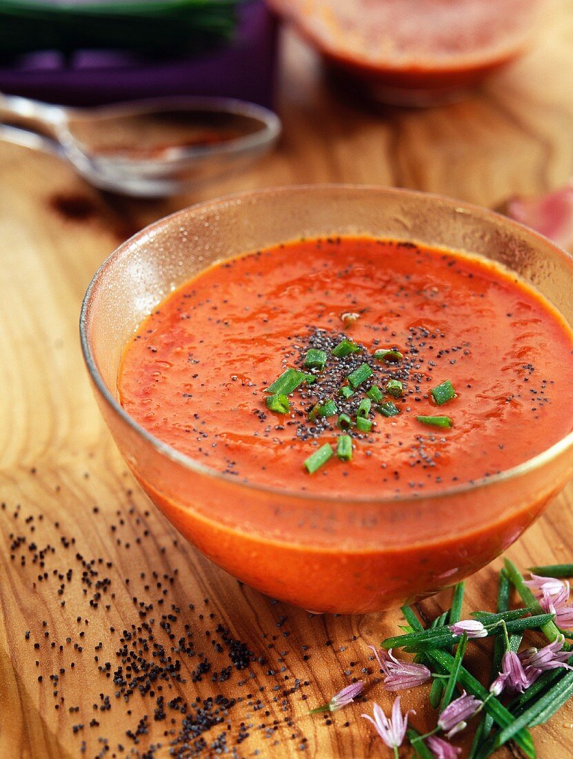 Red pepper gaspacho with poppy seeds