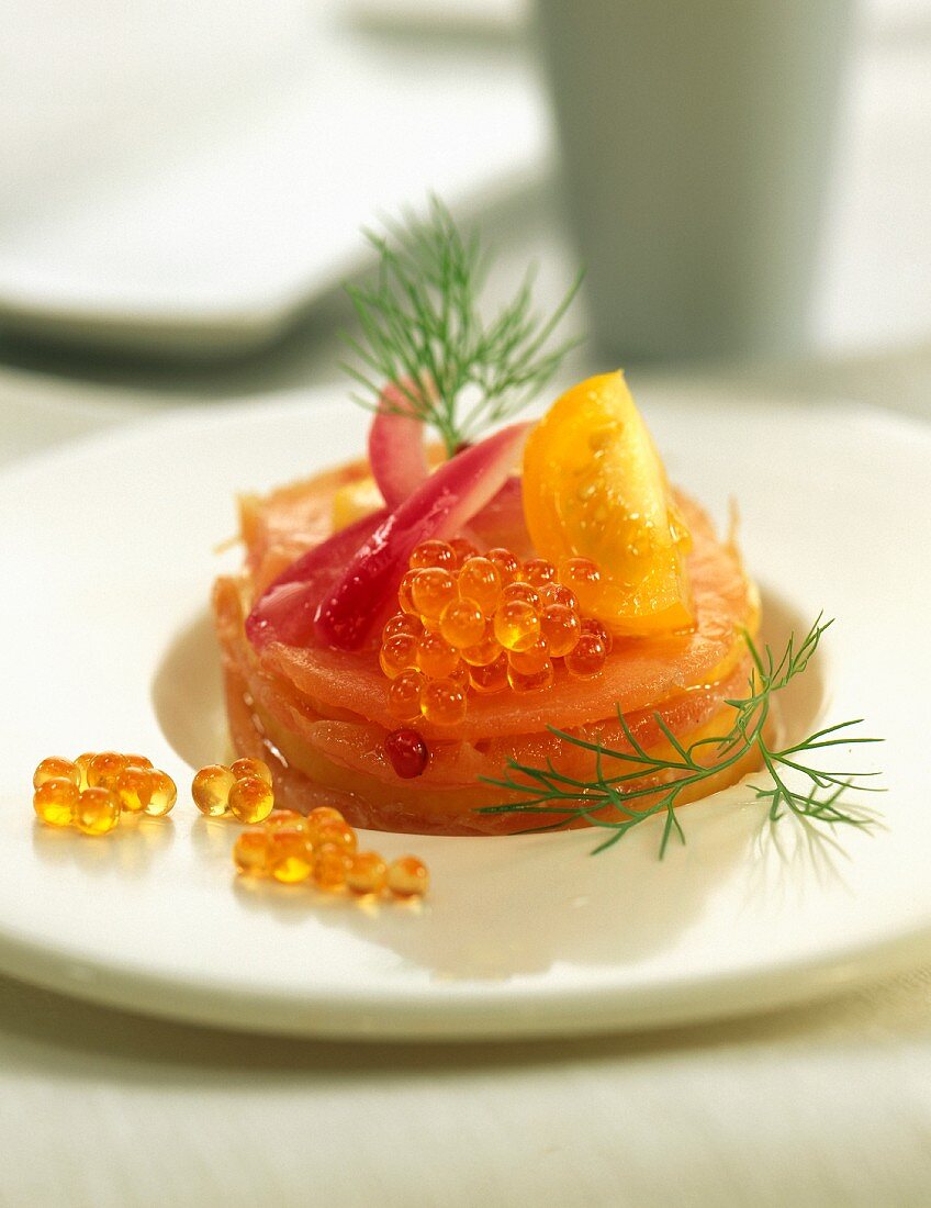 Salmon mille-feuille with yellow tomato