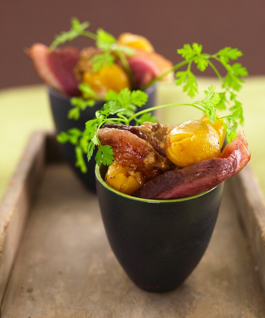 Duck aiguillettes with mirabelle plums