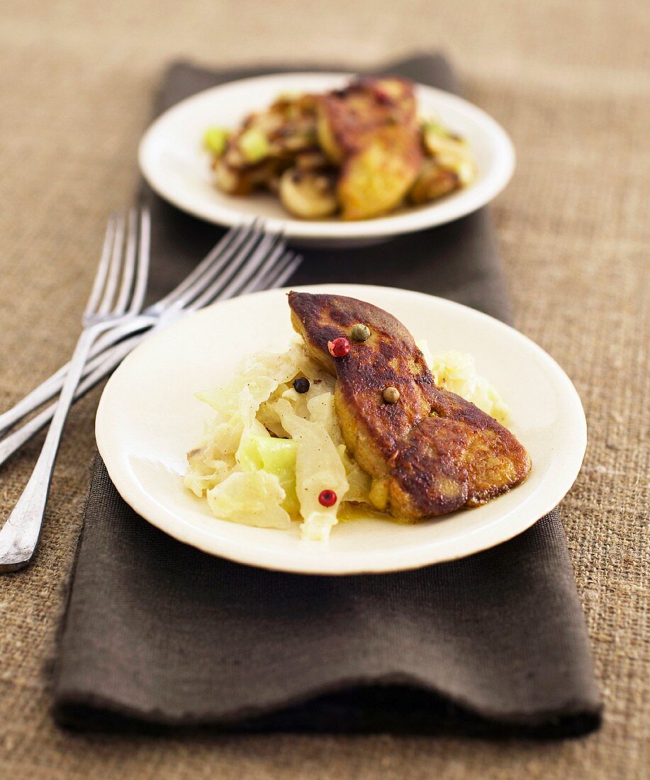 Pan-fried foie gras with stewed cabbage and leeks