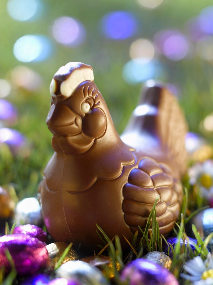 Henne aus Schokolade zu Ostern mit bunten Schokoeiern im Garten