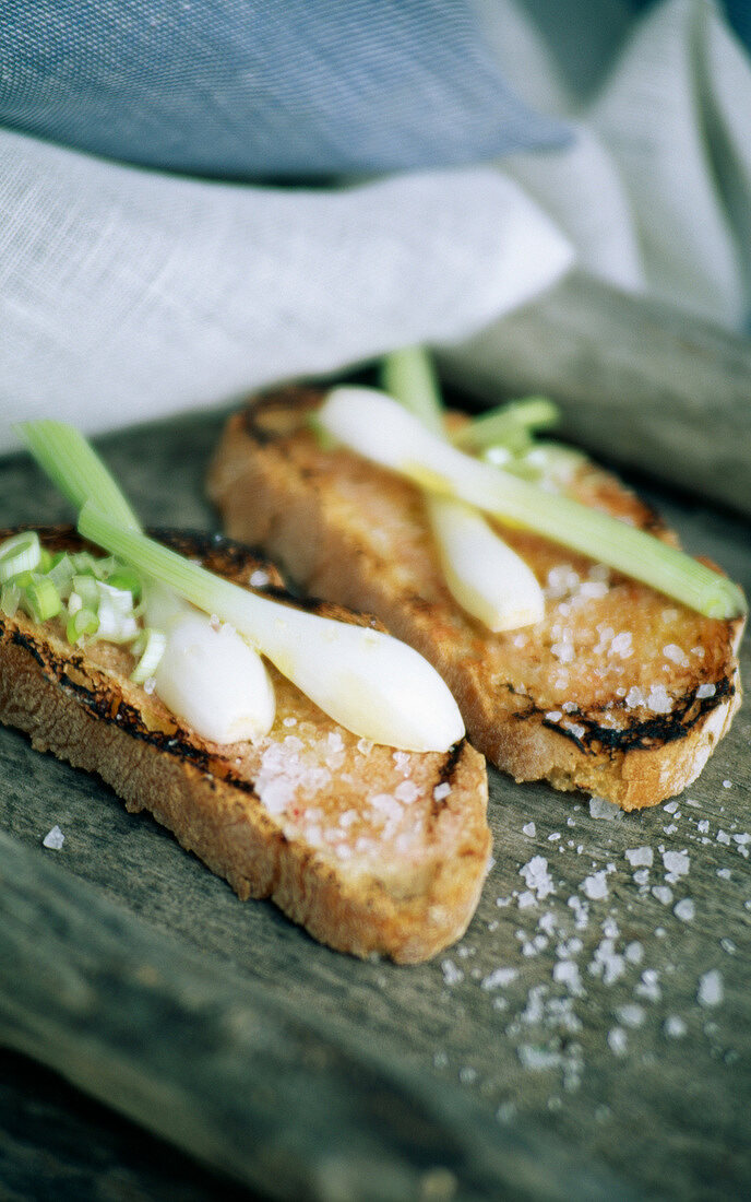 Spring onion and coarse salt on toast