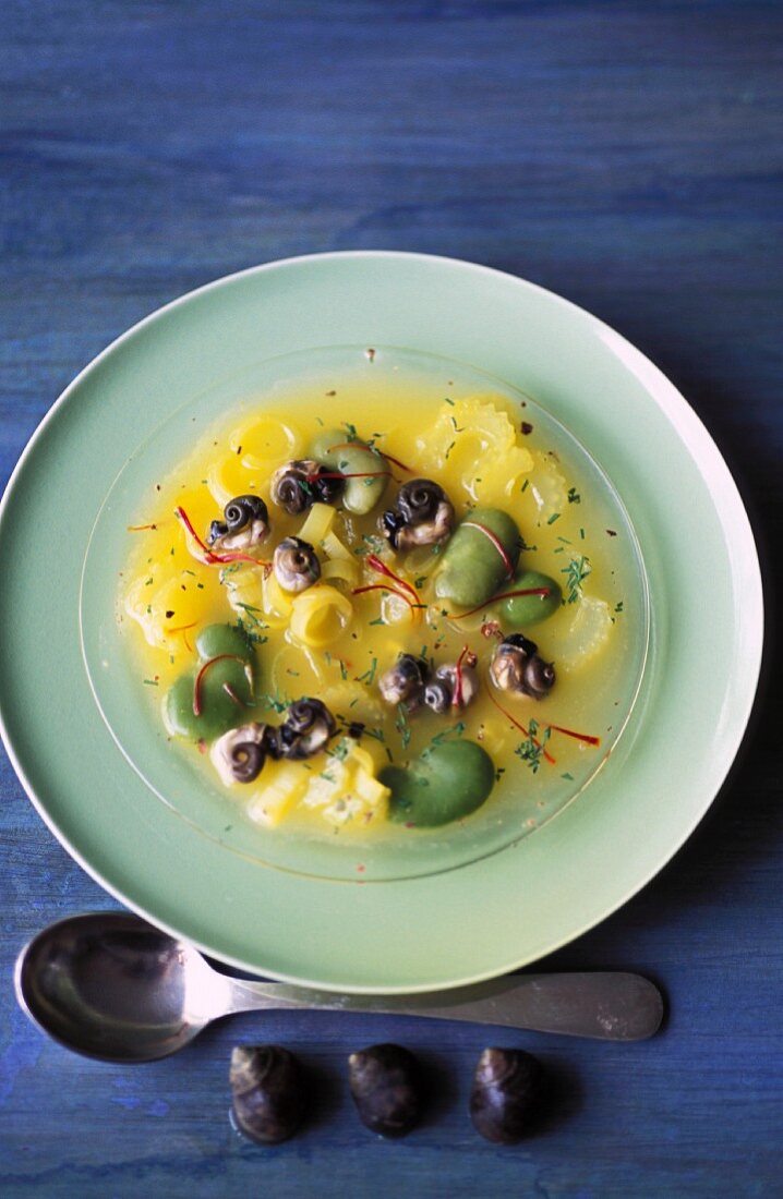 Bean soup with broad beans, saffron and sea snails