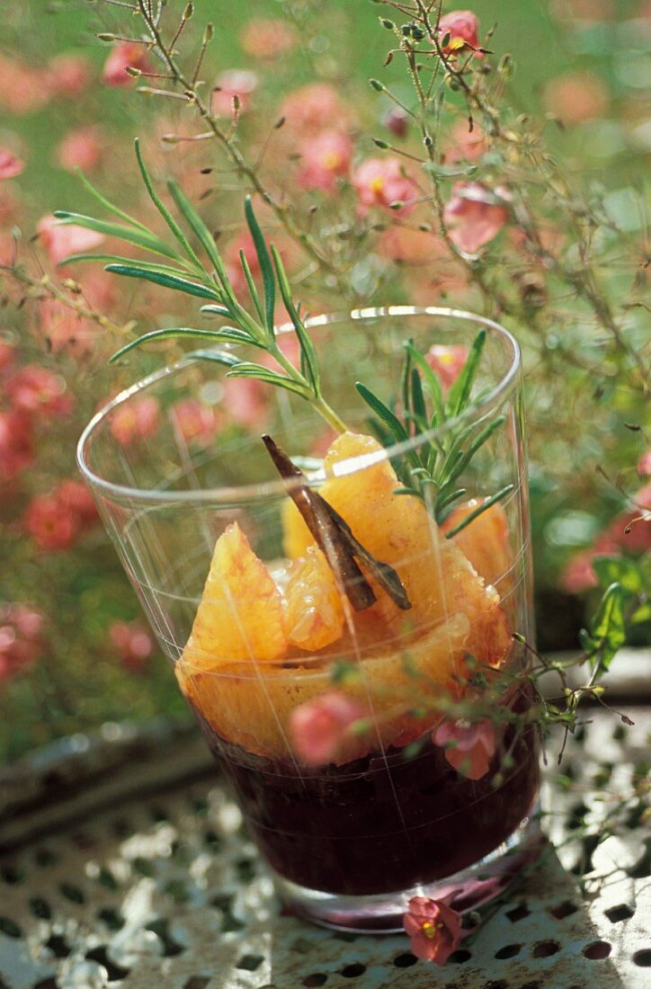 Orange in red wine with cinnamon and rosemary verrine