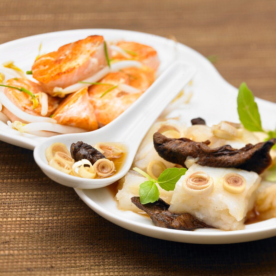 Steamed fish with ginger and mushrooms and salmon with soya
