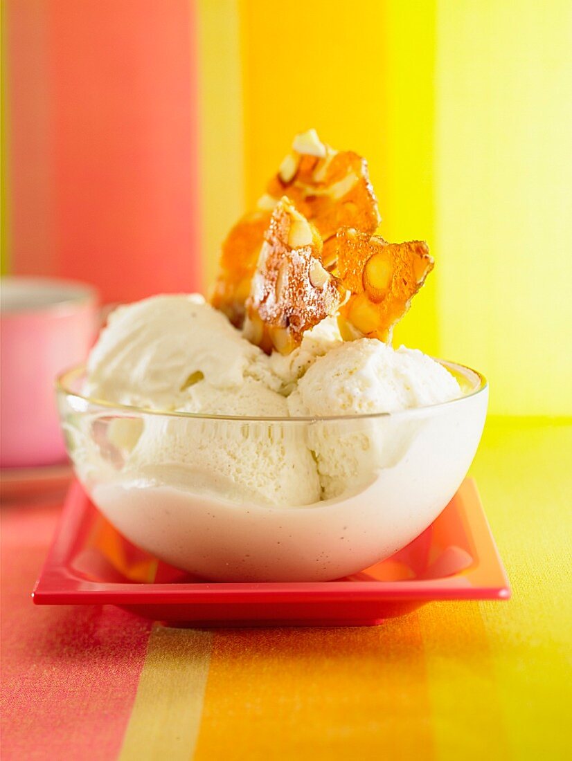 A vanilla ice cream sundae