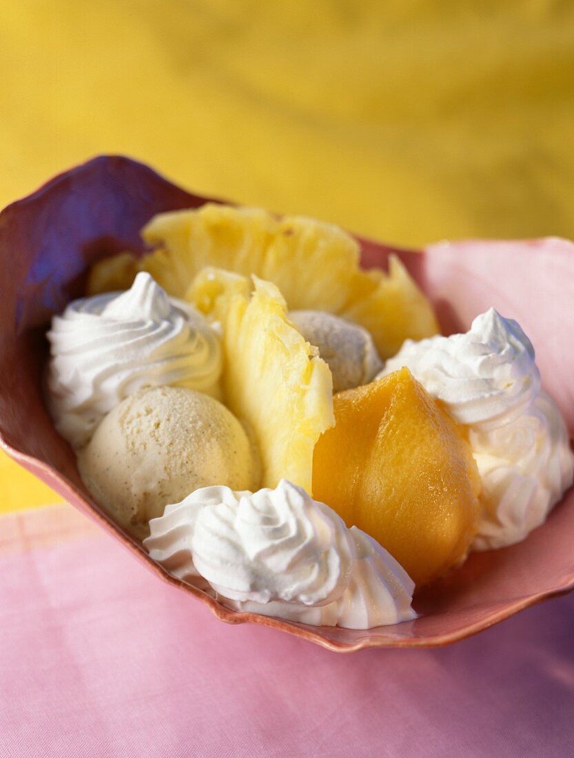 Peach and pineapple ice cream dish