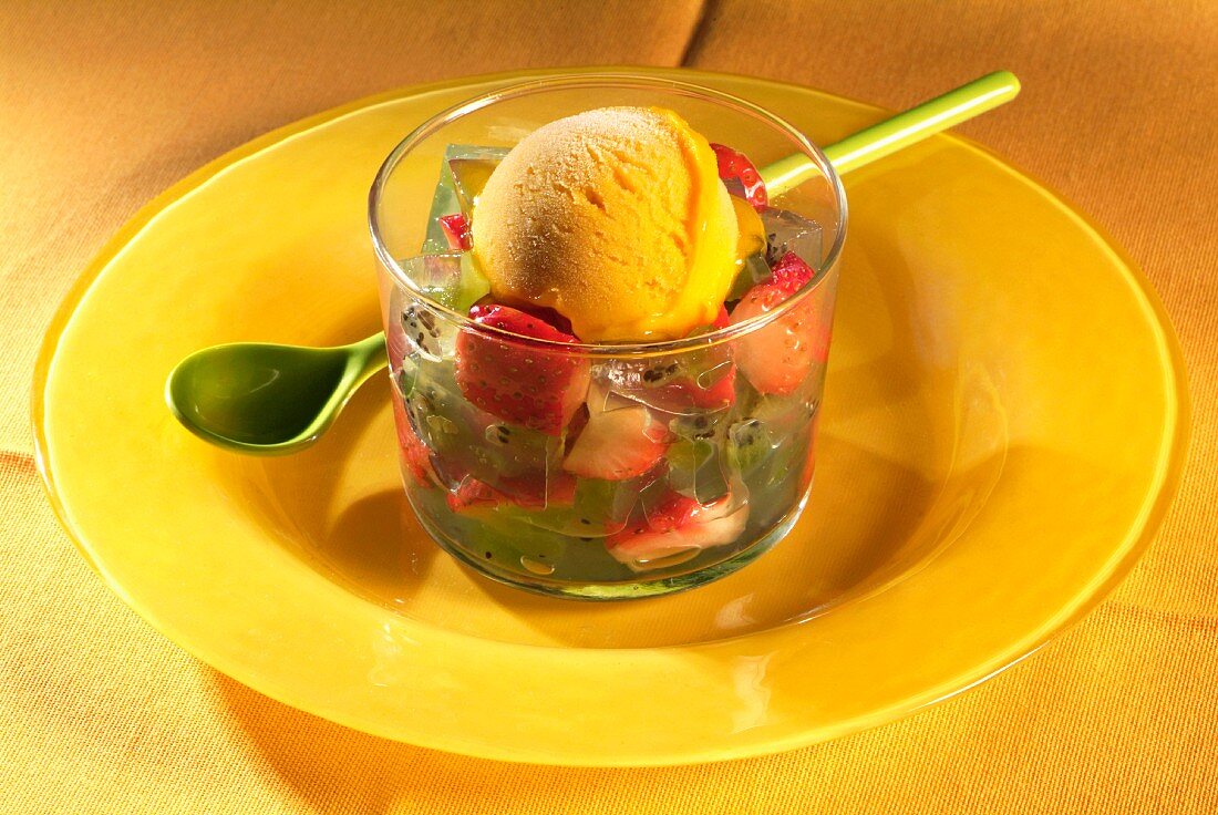 Fruit salad with mango ice cream