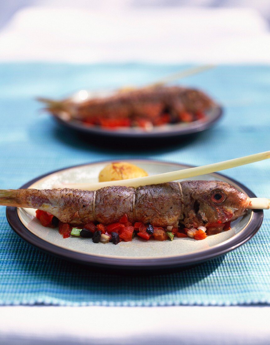 Grilled red mullet with lemongrass and a red pepper medley