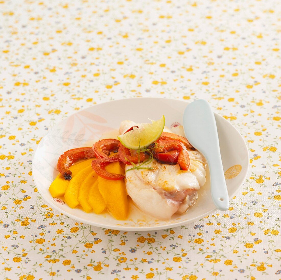 Monkfish with red pepper and mango