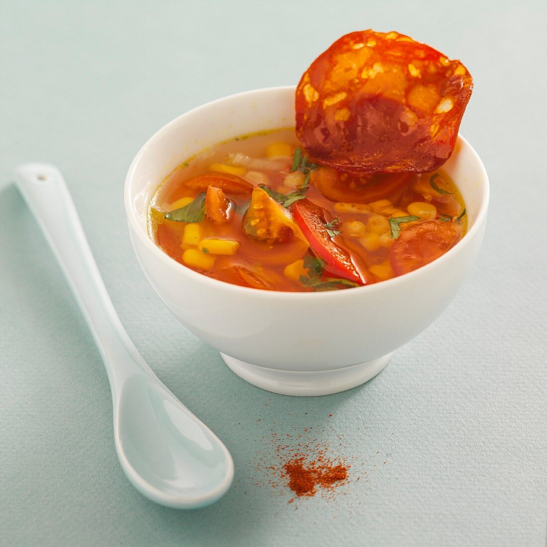 Sweetcorn soup with chorizo