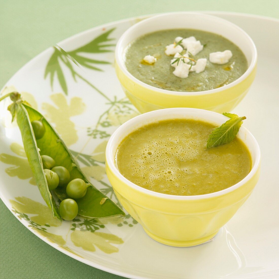 Zucchinicremesuppe mit Ziegenfrischkäse und Erbsen-Blattsalat-Cremesuppe mit Minze