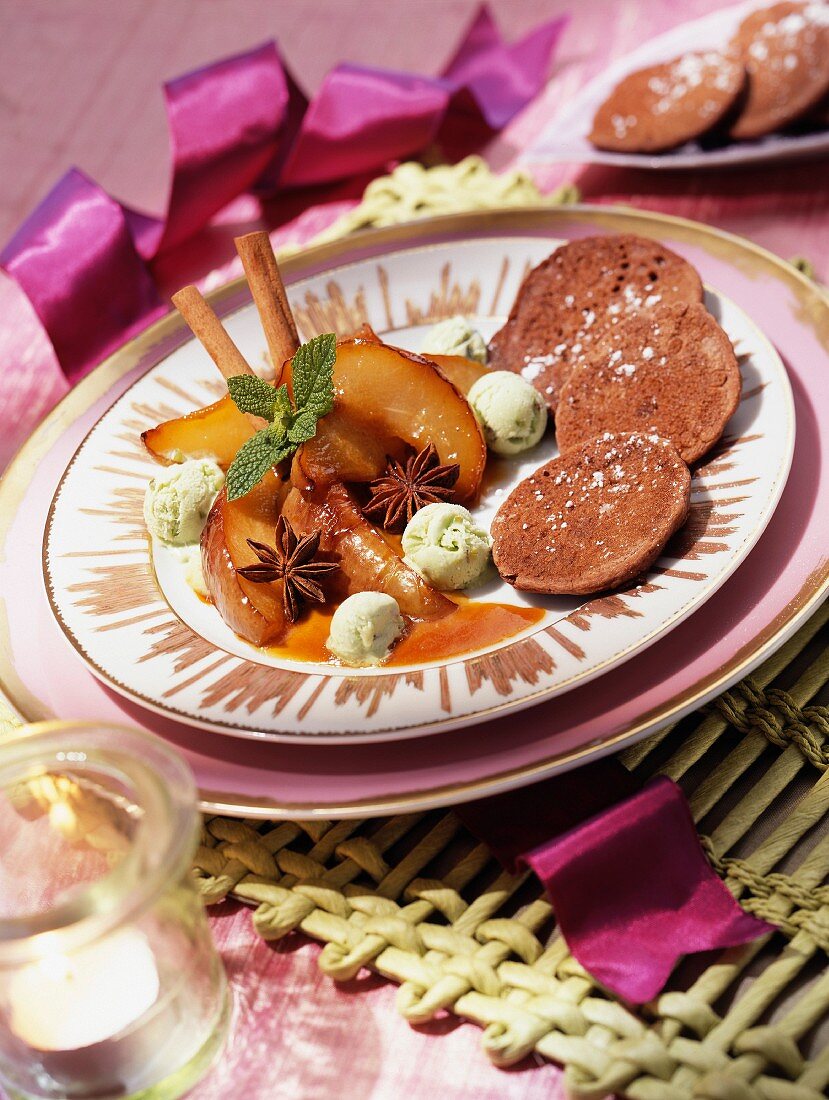 Spiced, caramelised pears, pistachio ice cream and chocolate pancakes