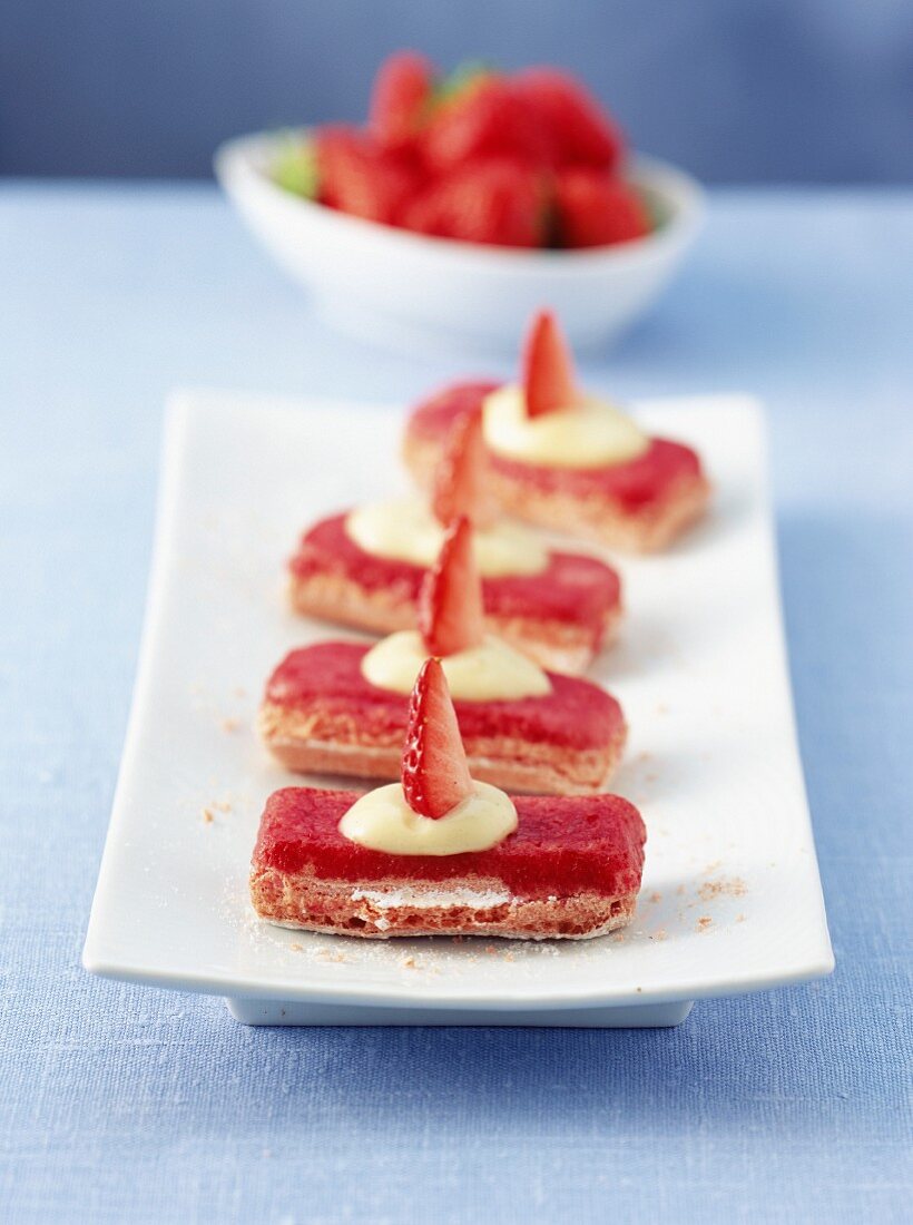 Biscuit rose (pink sponge cakes from Reims) with raspberry coulis and vanilla cream