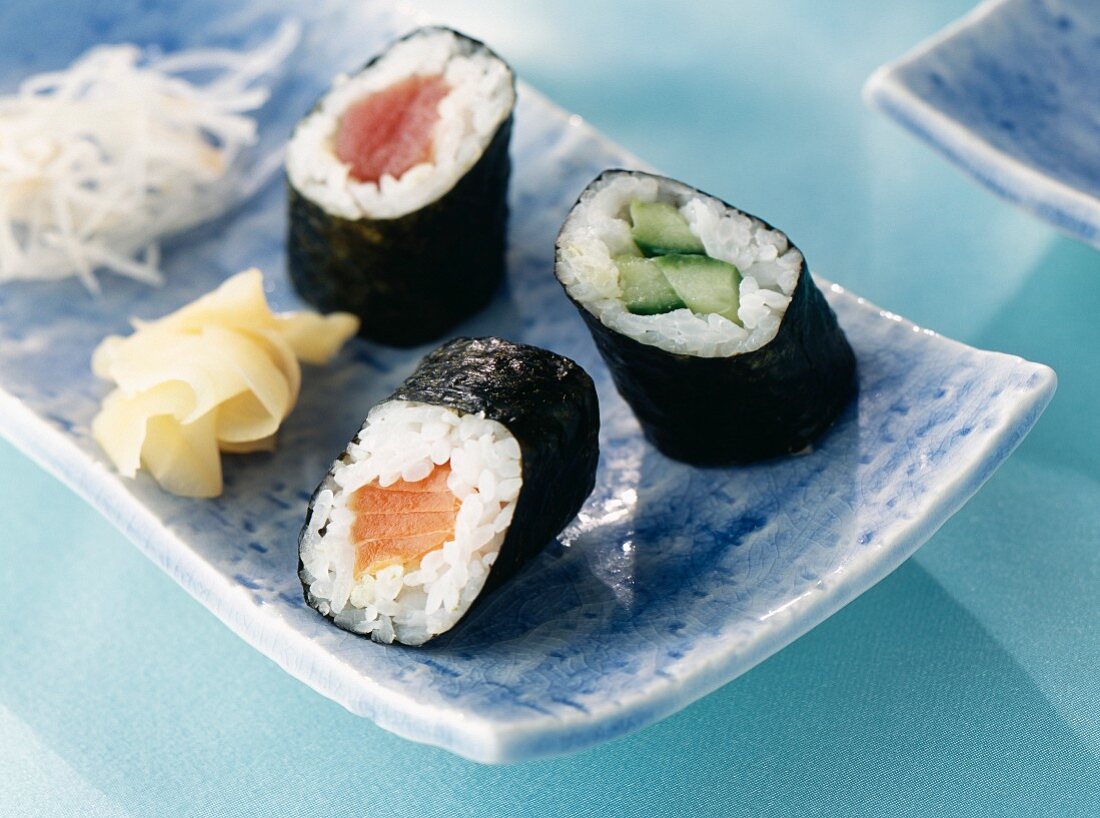 Maki with red tuna fish, salmon and cucumber