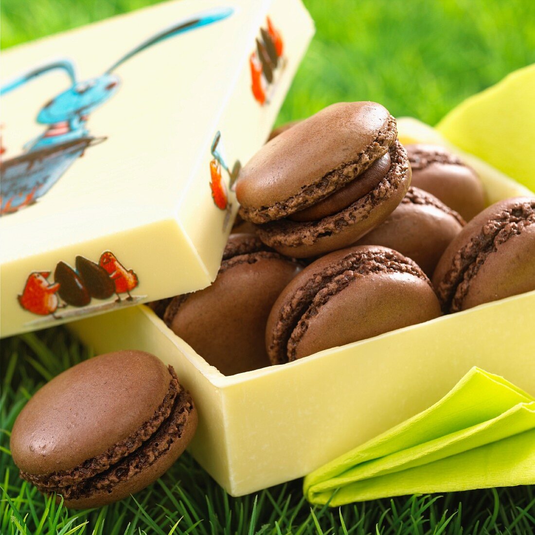 Schokoladen-Macarons in einer Schachtel