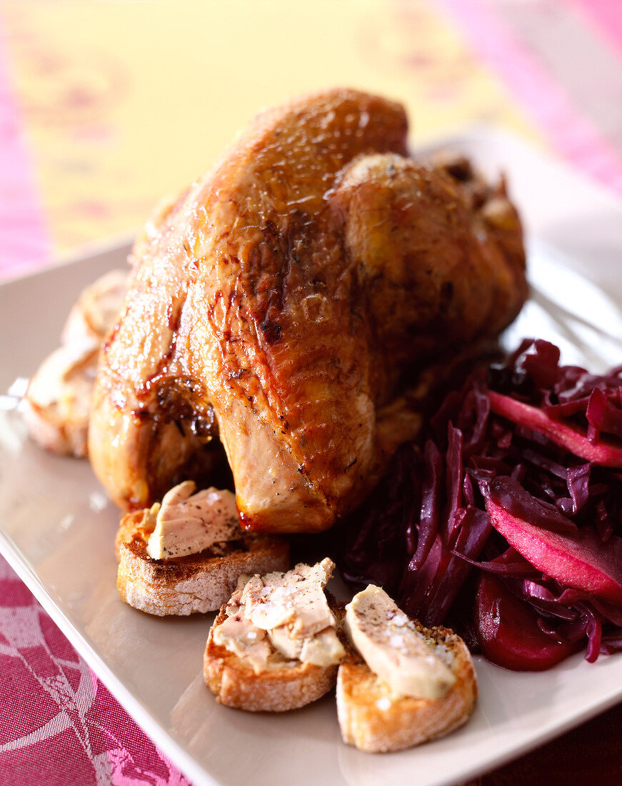 Roast pheasant with red cabbage