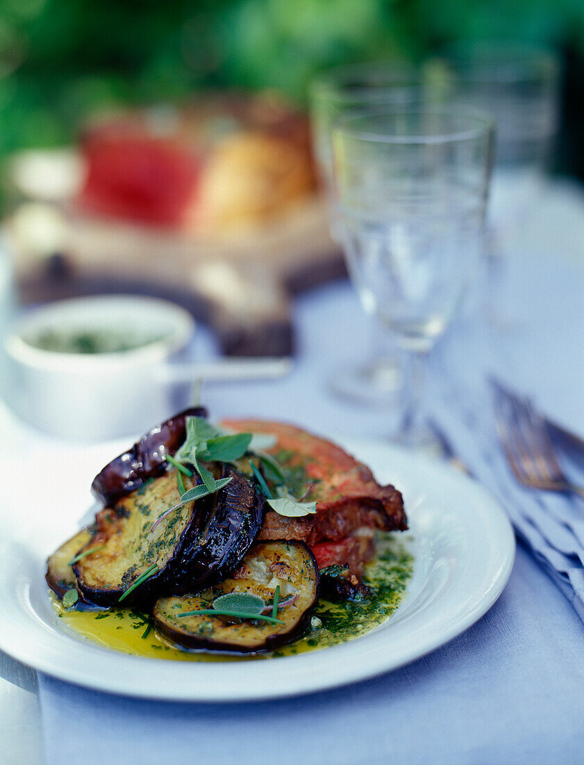 Roast beef with grilled eggplants and herb sauce