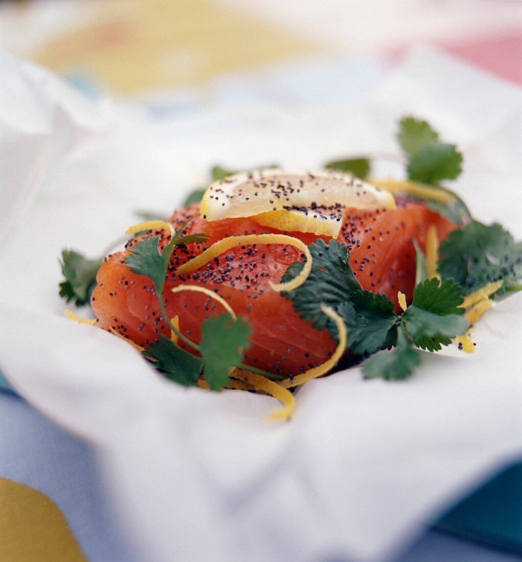 Thick piece of raw salmon with poppy seeds and coriander