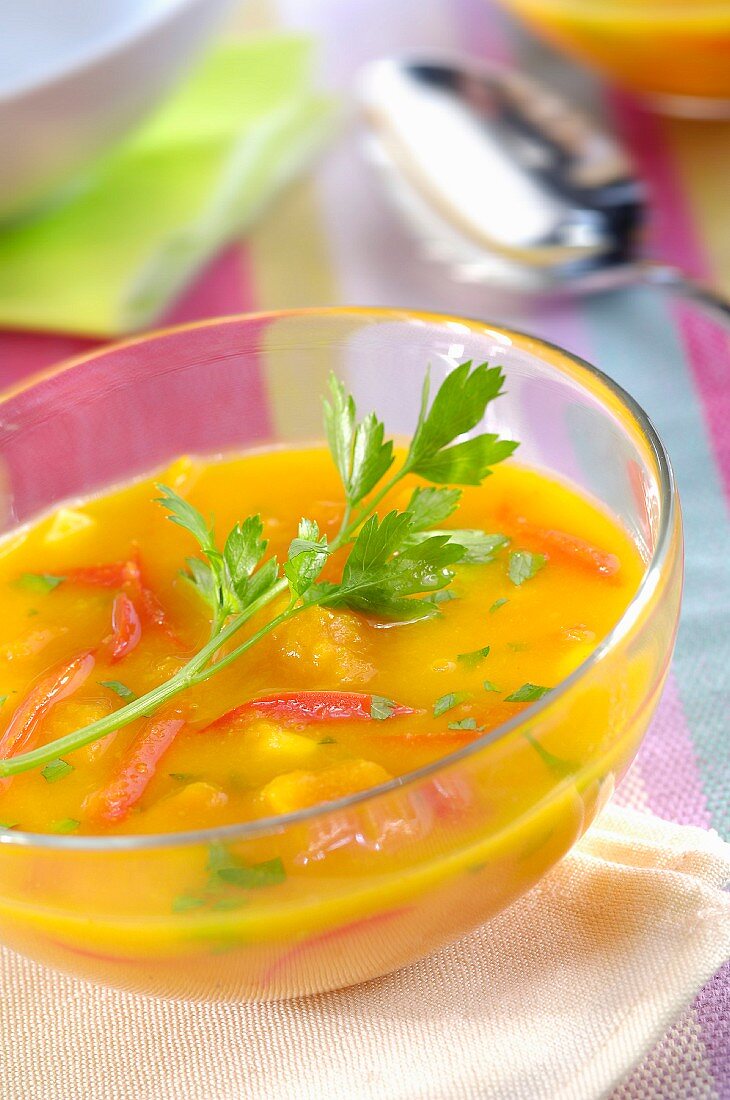 Pumpkin soup with peppers and corn