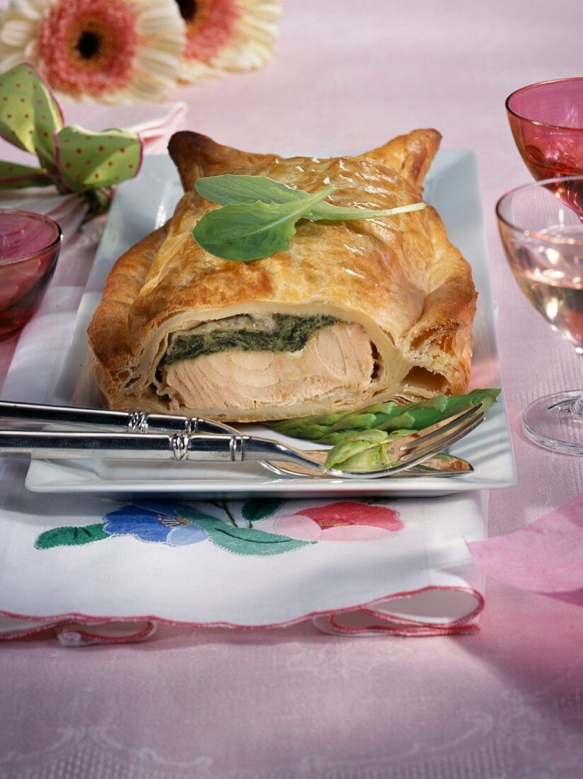 Salmon and spring vegetable mousse in pastry crust
