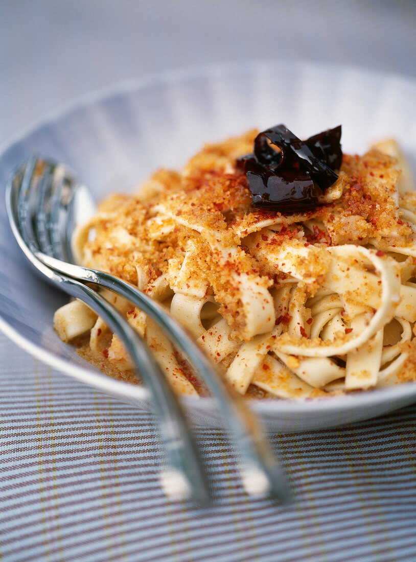 Tagliatelles with bread crumbs,olive oil and dried peppers