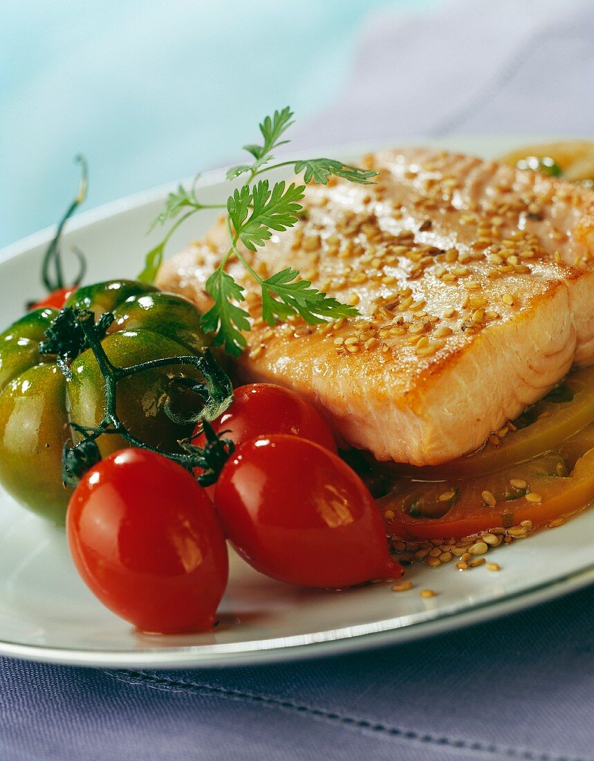 Thick trout steak in sesame crust