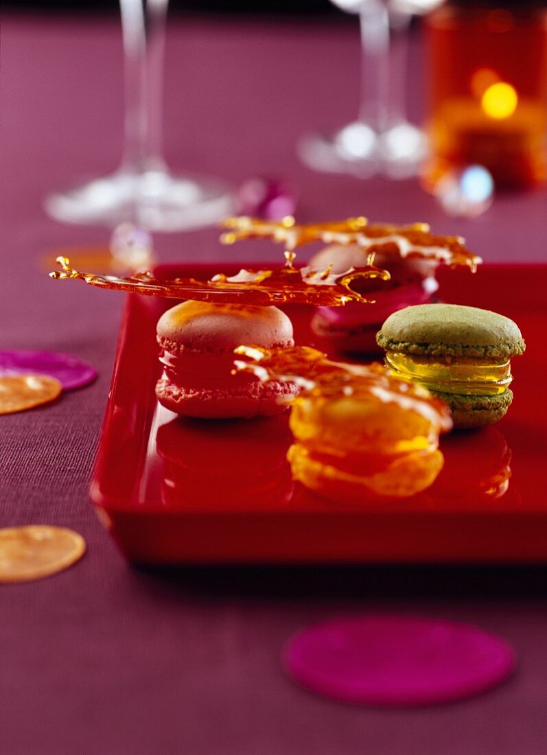 Selection of different flavored macaroons with cruchy caramel